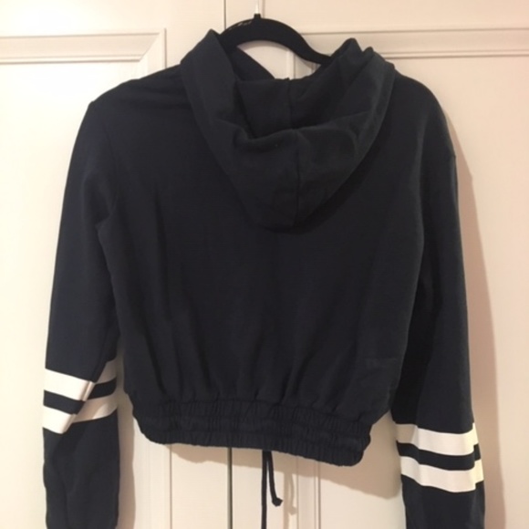 NAVY DOUBLE-STRIPED VARSITY CROPPED SWEATER / HOOD - Picture 2 of 2